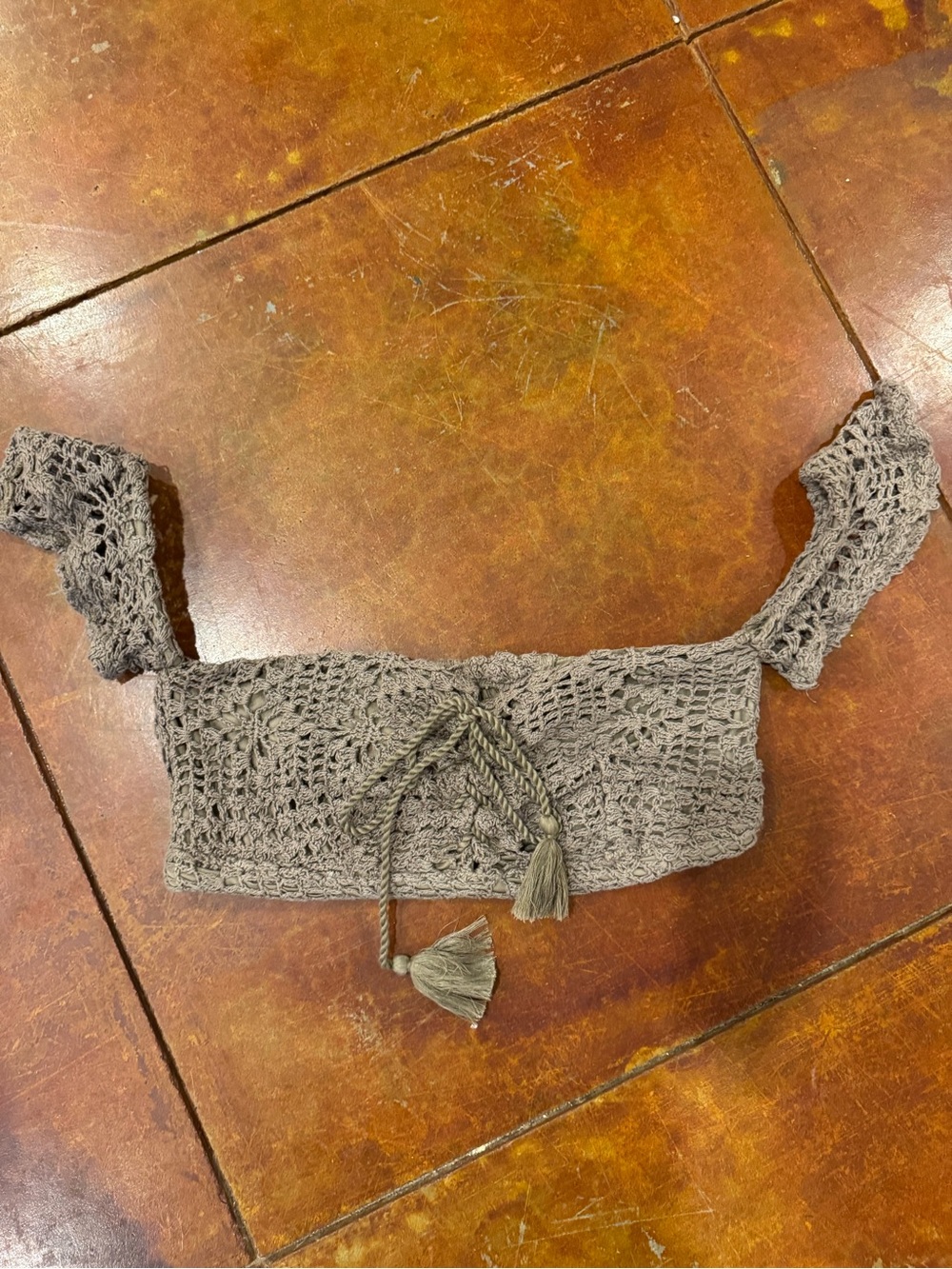 Crochet Off-Shoulder Crop Top in Taupe